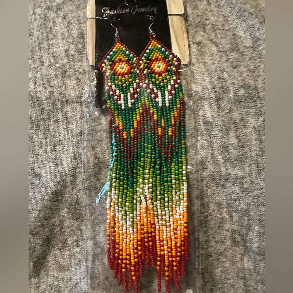 Handcrafted Multicolor Beaded Earrings, NWOT 7.4 in. - Picture 3 of 4